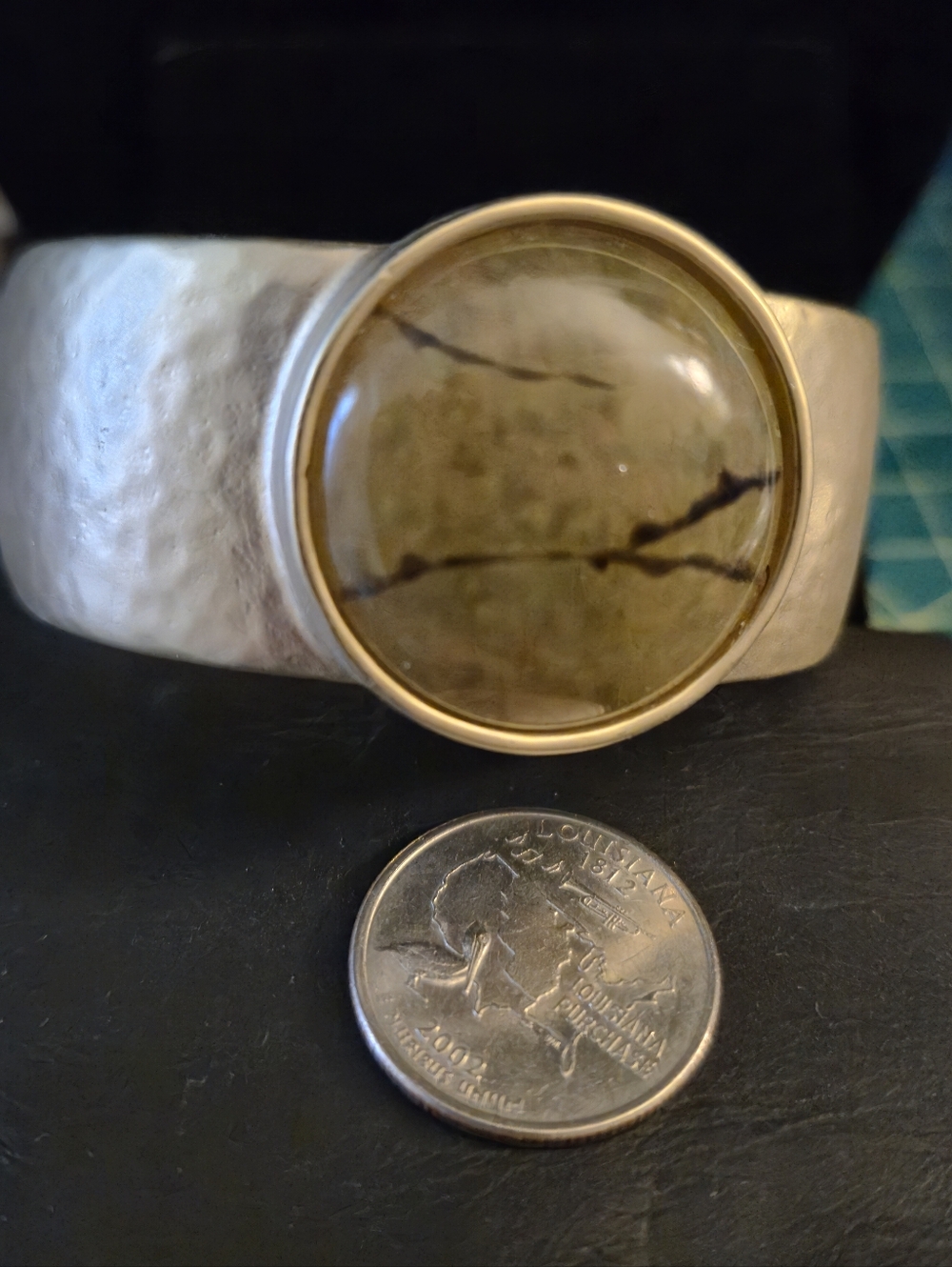 Chicos Vintage  Ash Goldtone Cuff Hinged Bracelet with Olive Green Jasper